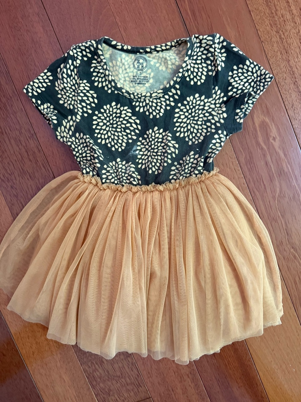 Taylor Joelle Girls Black Floral Bodice Dress with Gold Tulle Skirt